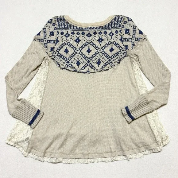 Free People Henley Shirt XS Cabin In Woods Cream Knit Lace Waffle Boho Fair Isle - Picture 5 of 11